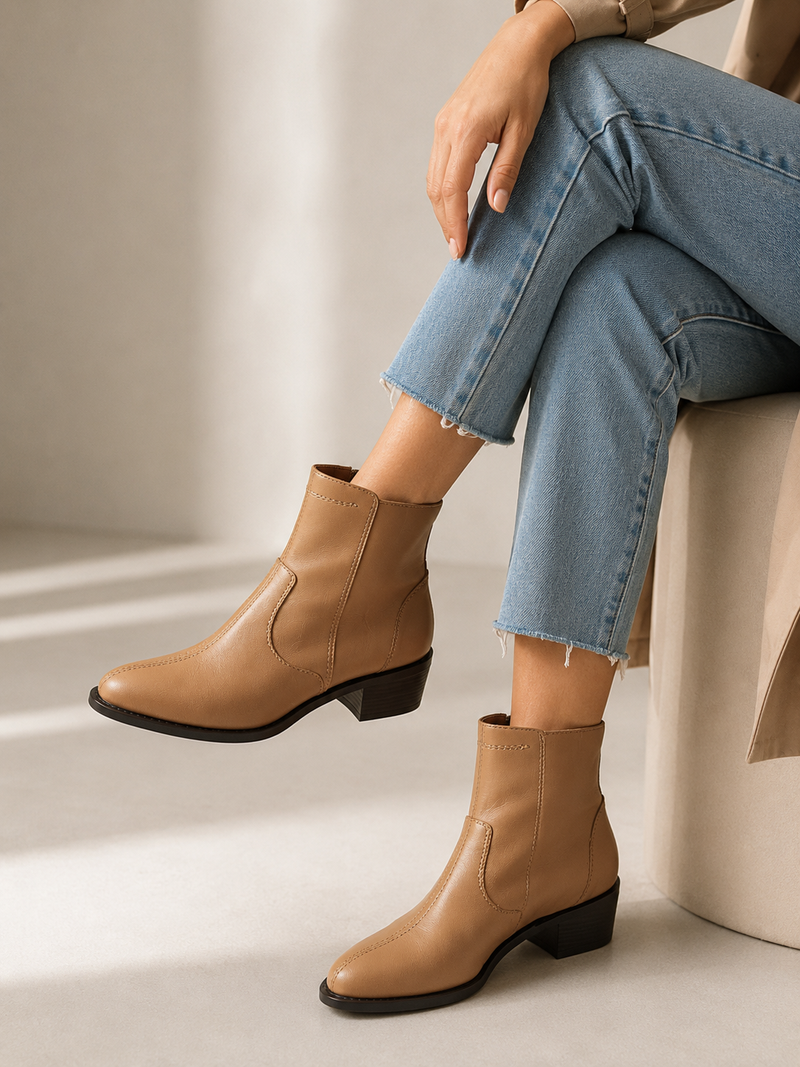A person seated indoors wearing tan ankle boots with black low block heels and light blue cropped jeans.