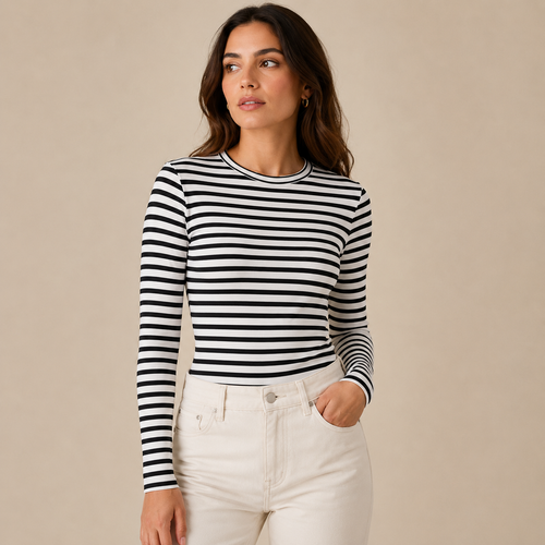 CLASSIC STRIPED LONG SLEEVE T SHIRT WOMEN'S BRETON CREW NECK CASUAL TOP