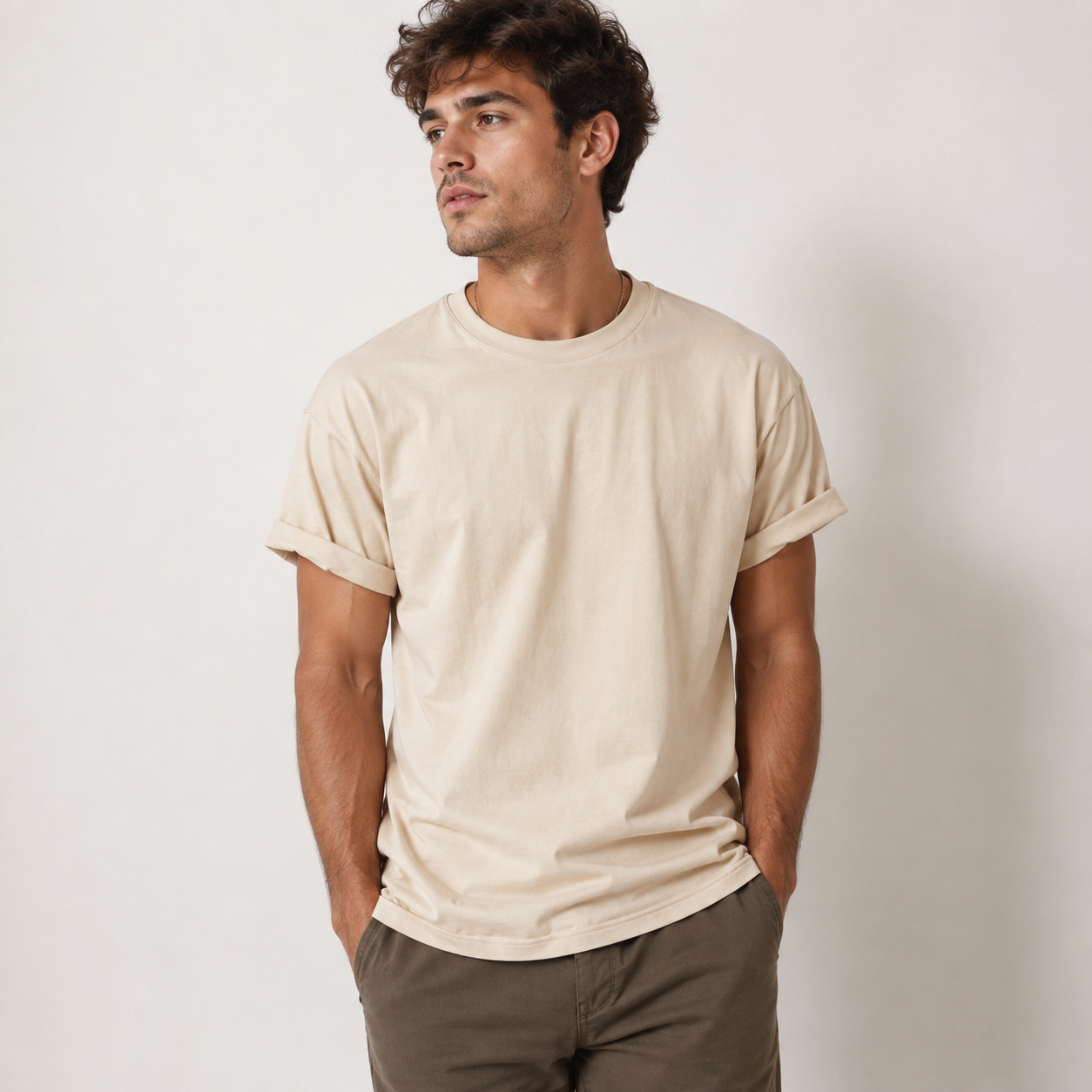 A man wearing a light beige crew-neck t-shirt with rolled-up sleeves and dark brown pants, standing against a plain off-white background.