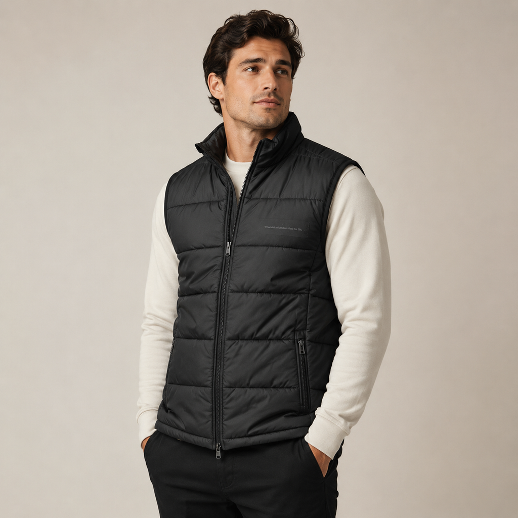 A man wearing a black quilted zip-front puffer vest over a cream long-sleeve shirt and black pants, standing against a plain light beige studio background.