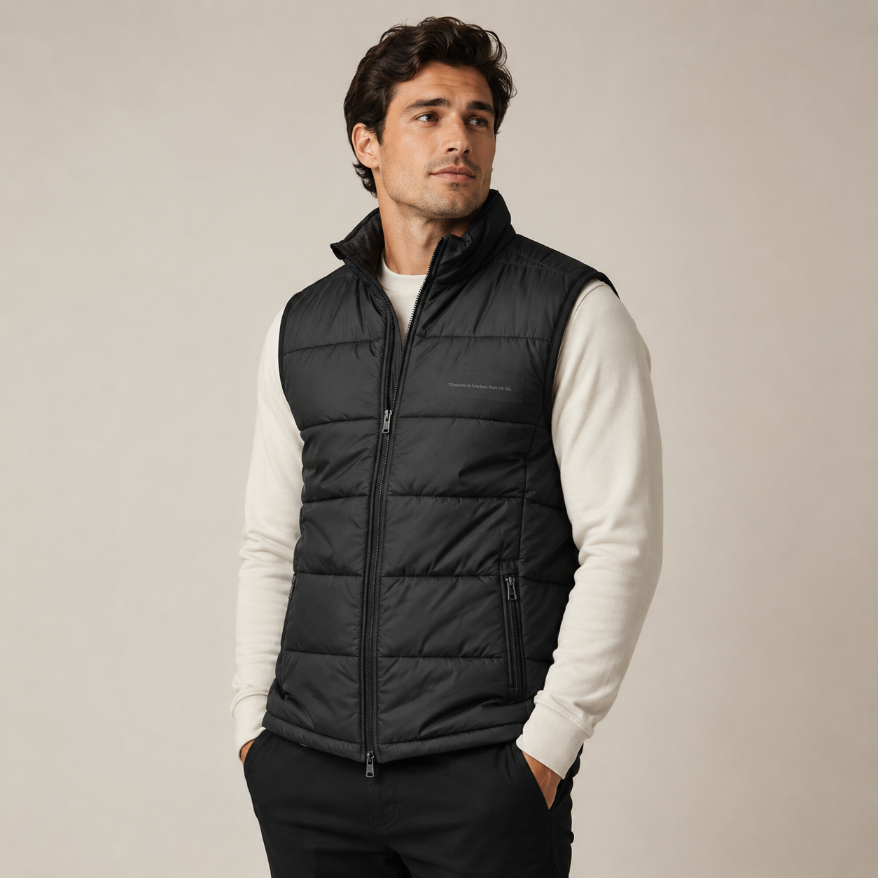 A man wearing a black quilted zip-front puffer vest over a cream long-sleeve shirt and black pants, standing against a plain light beige studio background.