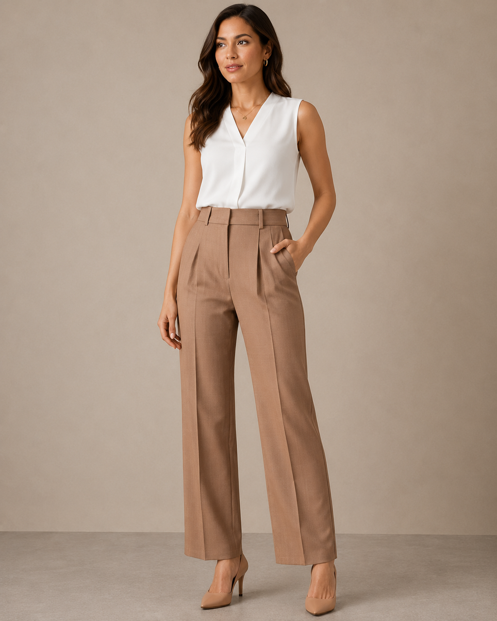 TAILORED STRAIGHT LEG TROUSERS WOMEN'S HIGH WAIST PLEATED OFFICE PANTS