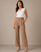 TAILORED STRAIGHT LEG TROUSERS WOMEN'S HIGH WAIST PLEATED OFFICE PANTS