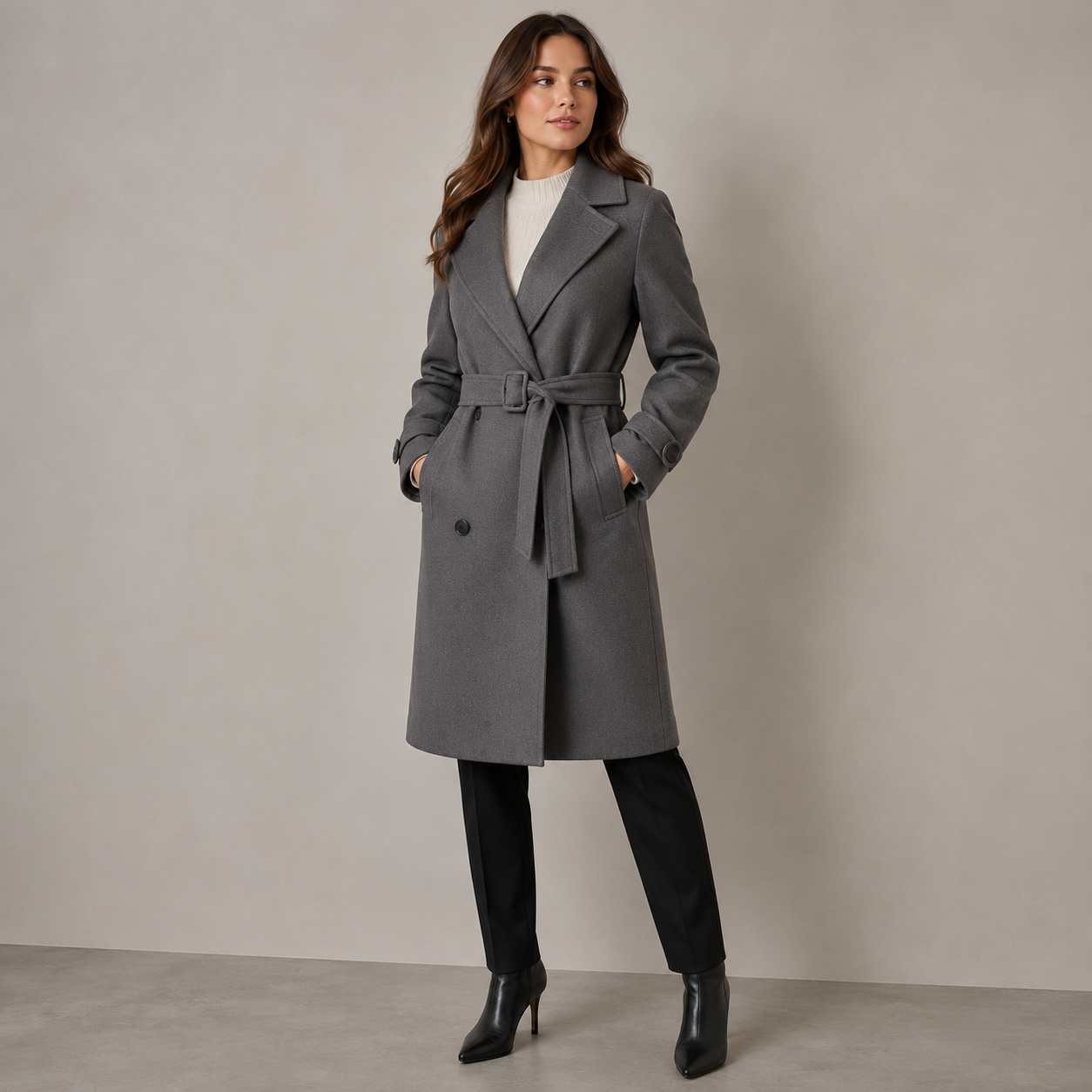 A woman models a mid-length gray belted coat over a white top, black trousers, and black ankle boots, standing against a neutral gray studio backdrop.