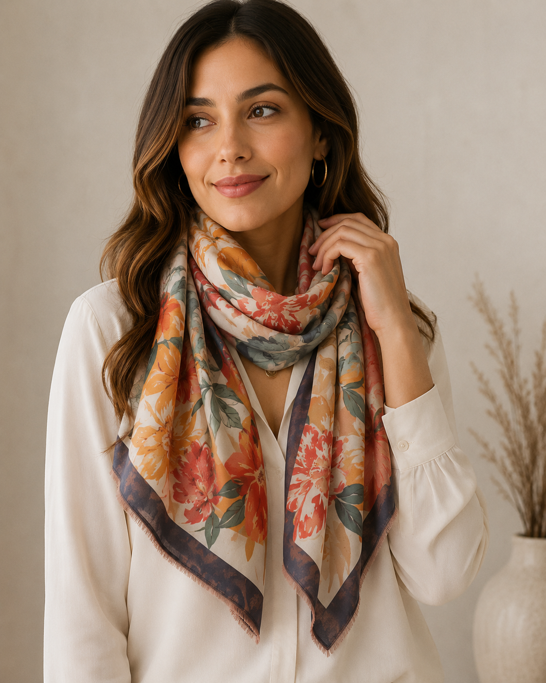 A woman wearing a lightweight square scarf with a floral print in orange, red, and green on a cream background, styled with a white blouse against a neutral beige background.