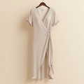 ELEGANT WRAP MIDI DRESS WOMEN'S V NECK SHORT SLEEVE TIE WAIST DRESS