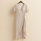 ELEGANT WRAP MIDI DRESS WOMEN'S V NECK SHORT SLEEVE TIE WAIST DRESS