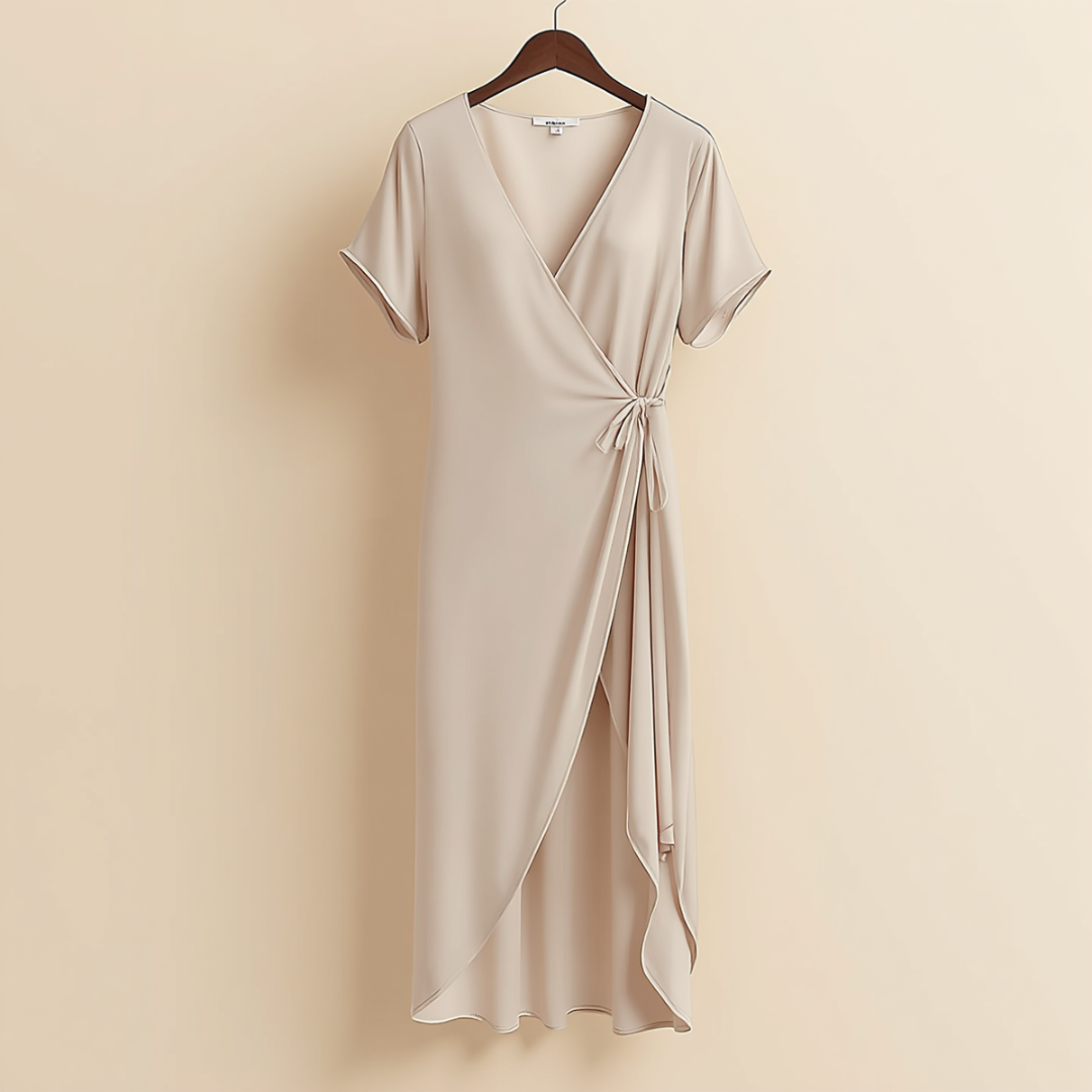ELEGANT WRAP MIDI DRESS WOMEN'S V NECK SHORT SLEEVE TIE WAIST DRESS