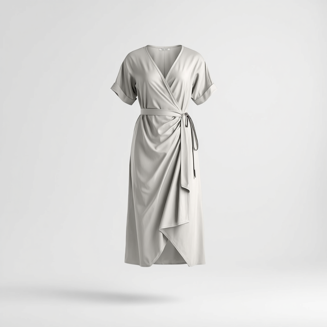 ELEGANT WRAP MIDI DRESS WOMEN'S V NECK SHORT SLEEVE TIE WAIST CASUAL DRESS