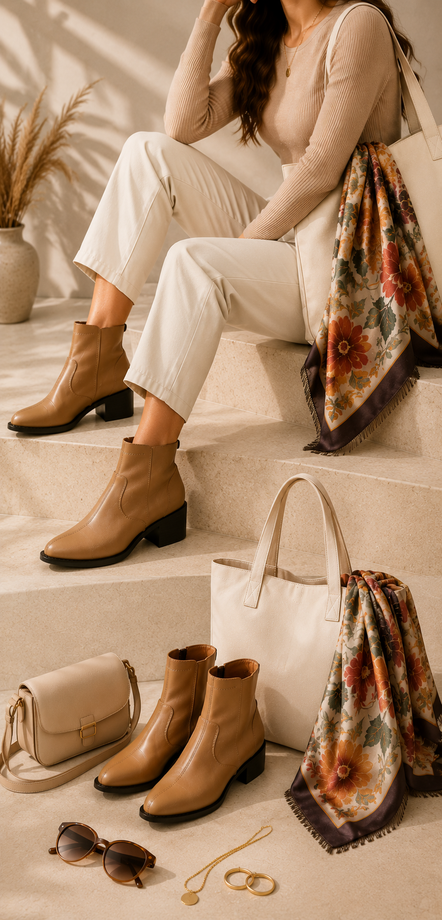 A woman sits on beige stone steps wearing tan ankle boots, cream pants, and a beige top, with a floral scarf draped over her shoulder. The boots and matching accessories are also displayed on the steps below, including a white tote bag, a small cream handbag, sunglasses, and jewelry.