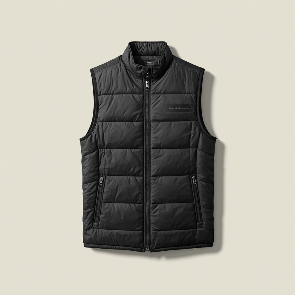 A black sleeveless puffer vest with a full-zip front, stand-up collar, and zippered hand pockets, shown flat against a light beige background.