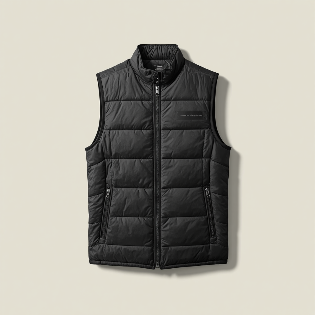 A black sleeveless puffer vest with a full-zip front, stand-up collar, and zippered hand pockets, shown flat against a light beige background.